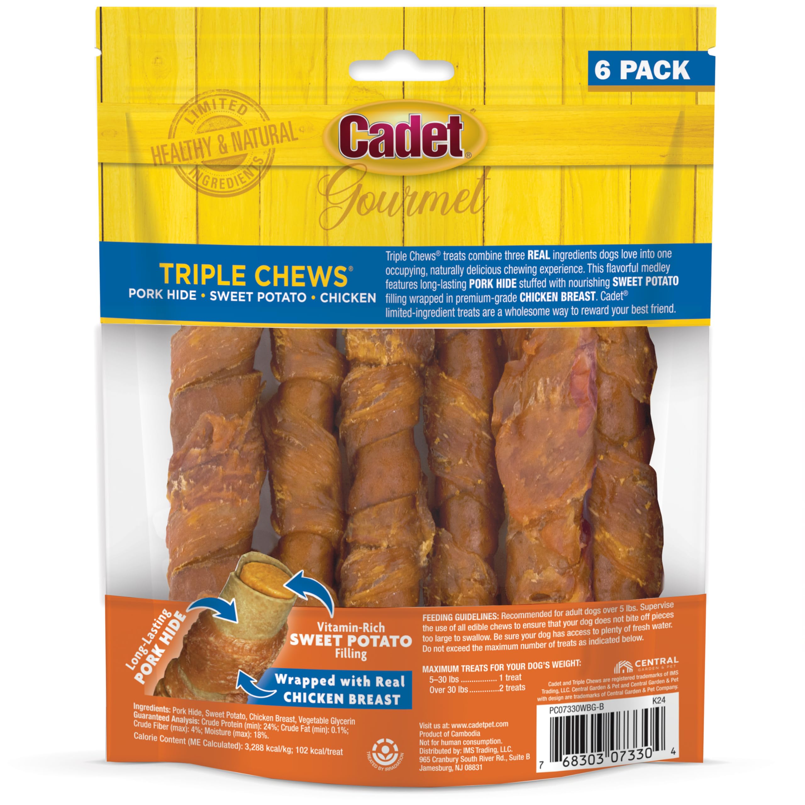Cadet Gourmet Triple Chews Long-Lasting Pork Hide Sticks with Sweet Potato and Chicken, Healthy Dog Treats for Small & Large Dogs, 6 Count - Image 10