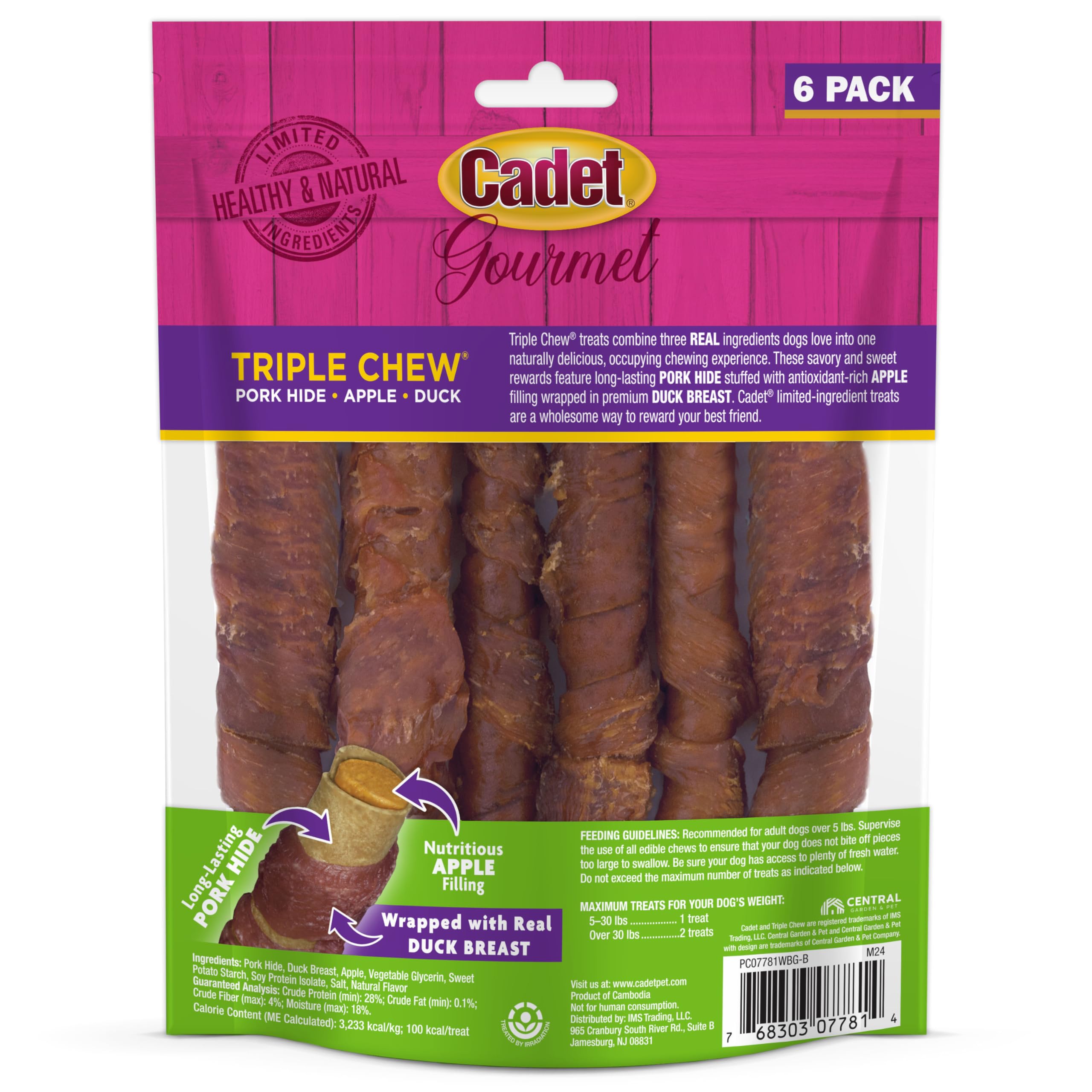 Cadet Gourmet Triple Chews Long-Lasting Pork Hide Sticks with Apple and Duck, Healthy Dog Treats for Small & Large Dogs, 6 Count - Image 5