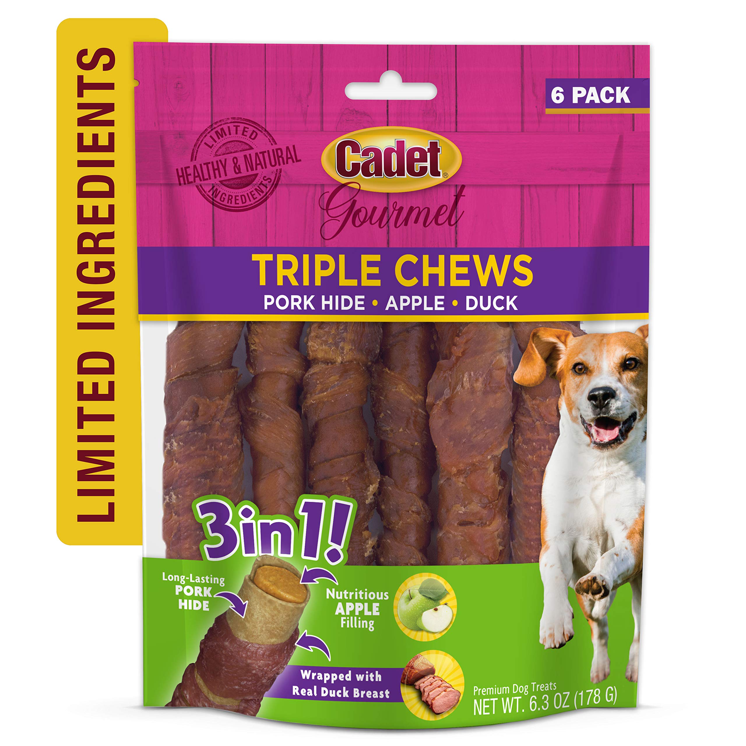 Cadet Gourmet Triple Chews Long-Lasting Pork Hide Sticks with Apple and Duck, Healthy Dog Treats for Small & Large Dogs, 6 Count - Image 7
