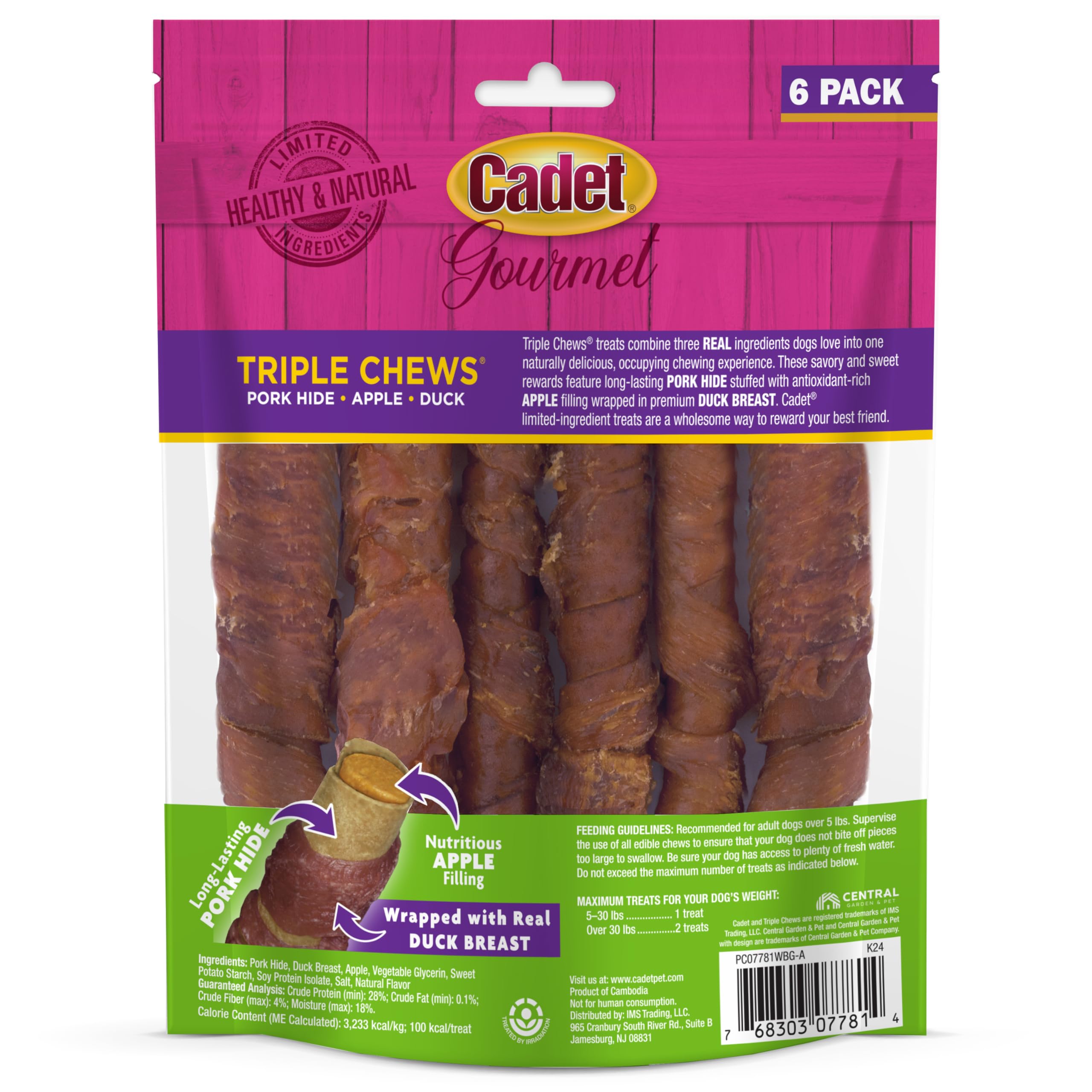 Cadet Gourmet Triple Chews Long-Lasting Pork Hide Sticks with Apple and Duck, Healthy Dog Treats for Small & Large Dogs, 6 Count - Image 8